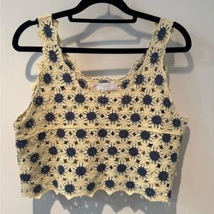 OAK + FORT Floral Crochet Tank Top - Cream and Blue